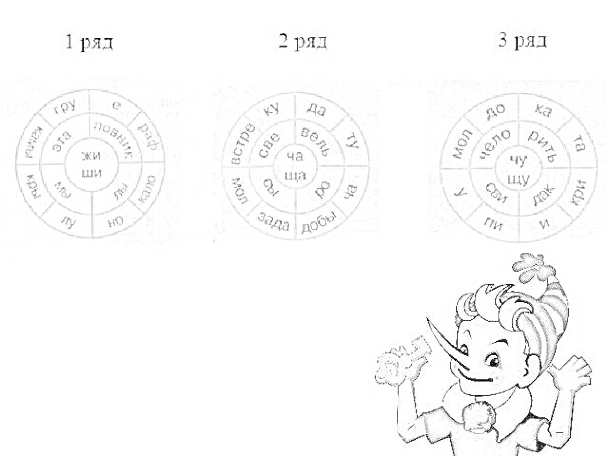 Раскраска Круги со слогами жи ши ча ща чу щу и персонаж