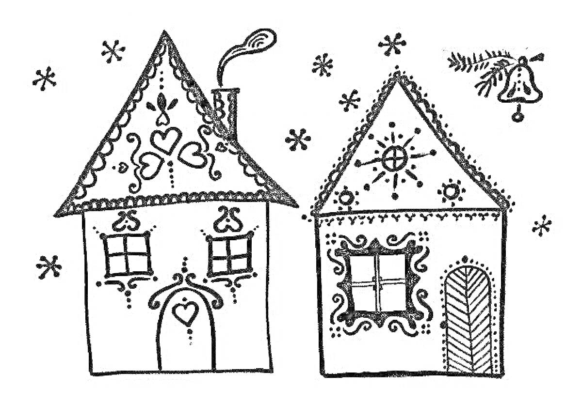 На раскраске изображено: Лубяная избушка, Ледяная избушка, Снежинки, Колокольчик, Декоративные узоры, Зимняя сказка