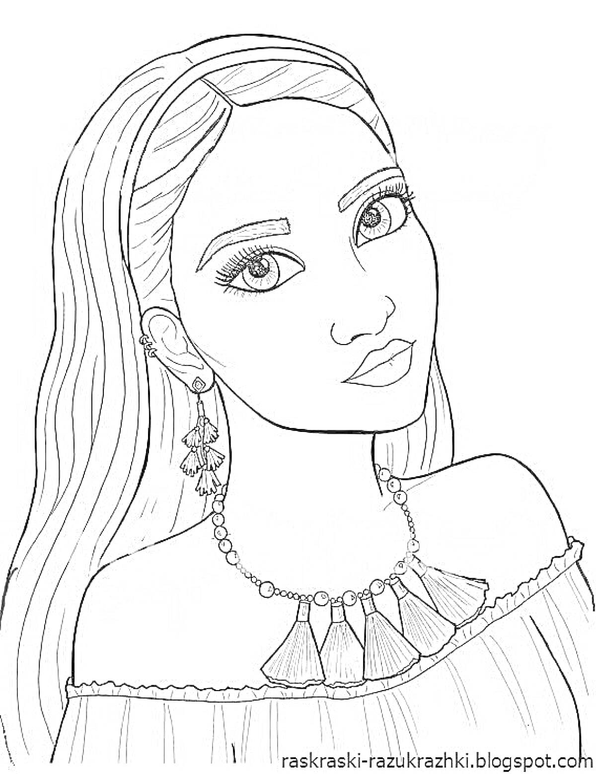 Раскраска Девочка с длинными волосами в серьгах, ожерелье на шее, платье с открытыми плечами