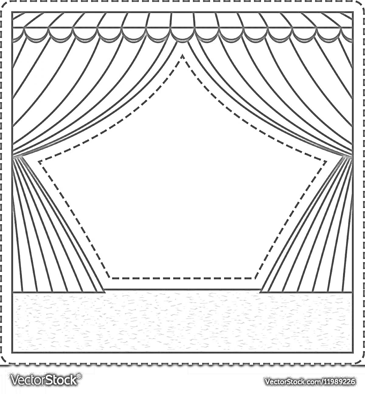 Раскраска Театральный занавес с драпировками в форме звезды в рамке