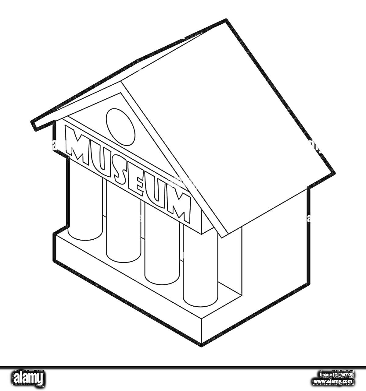 Раскраска Музей с четырьмя колоннами и фронтоном с надписью 