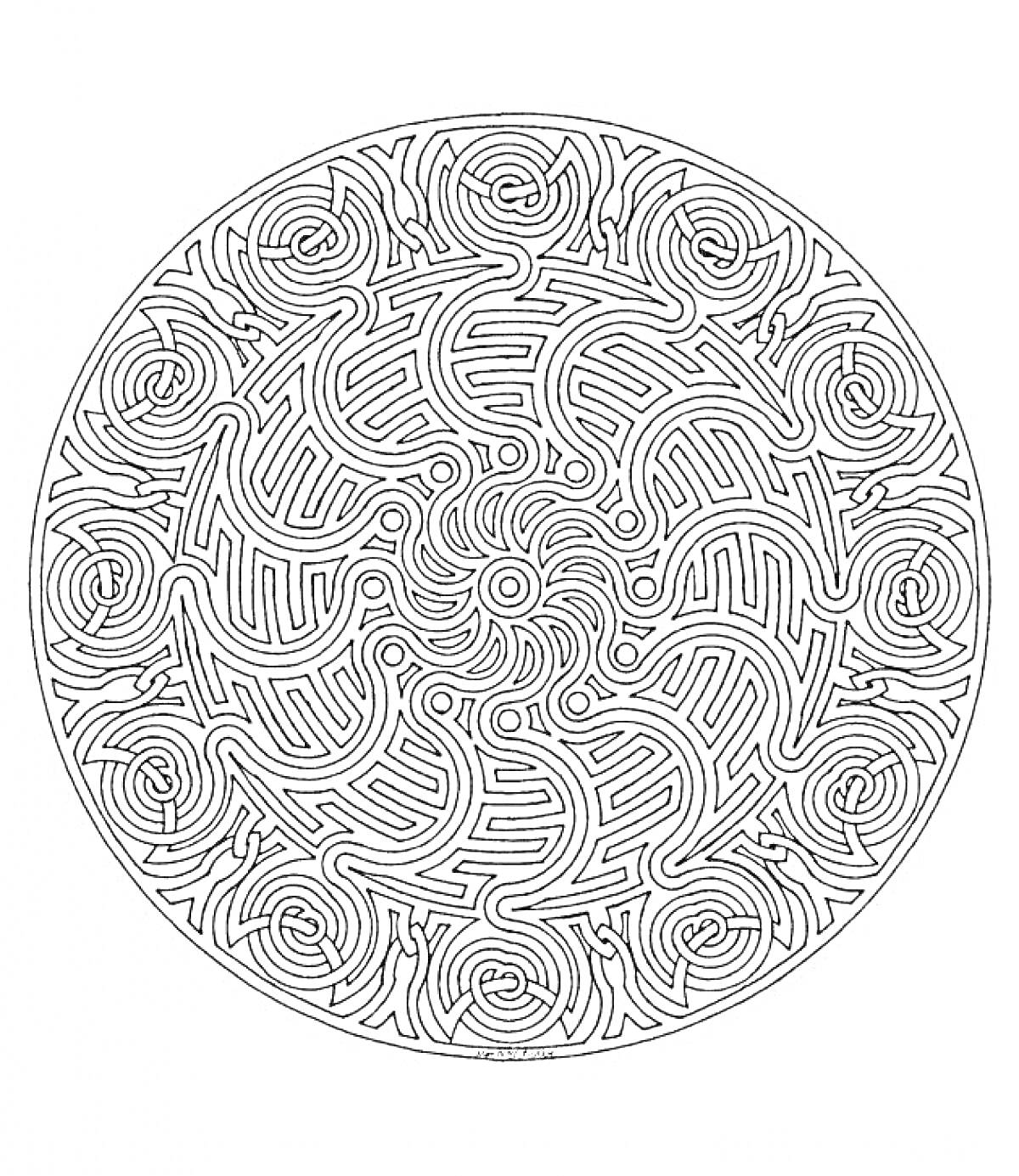 Раскраска Мандала с лабиринтами и спиралями
