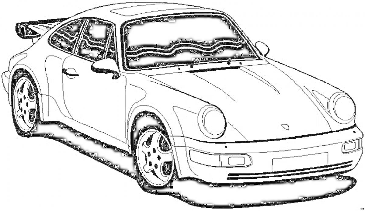 Раскраска Рисунок Porsche 911 с спойлером, фарами, окнами, зеркалами, капотом, колесами и дверями.