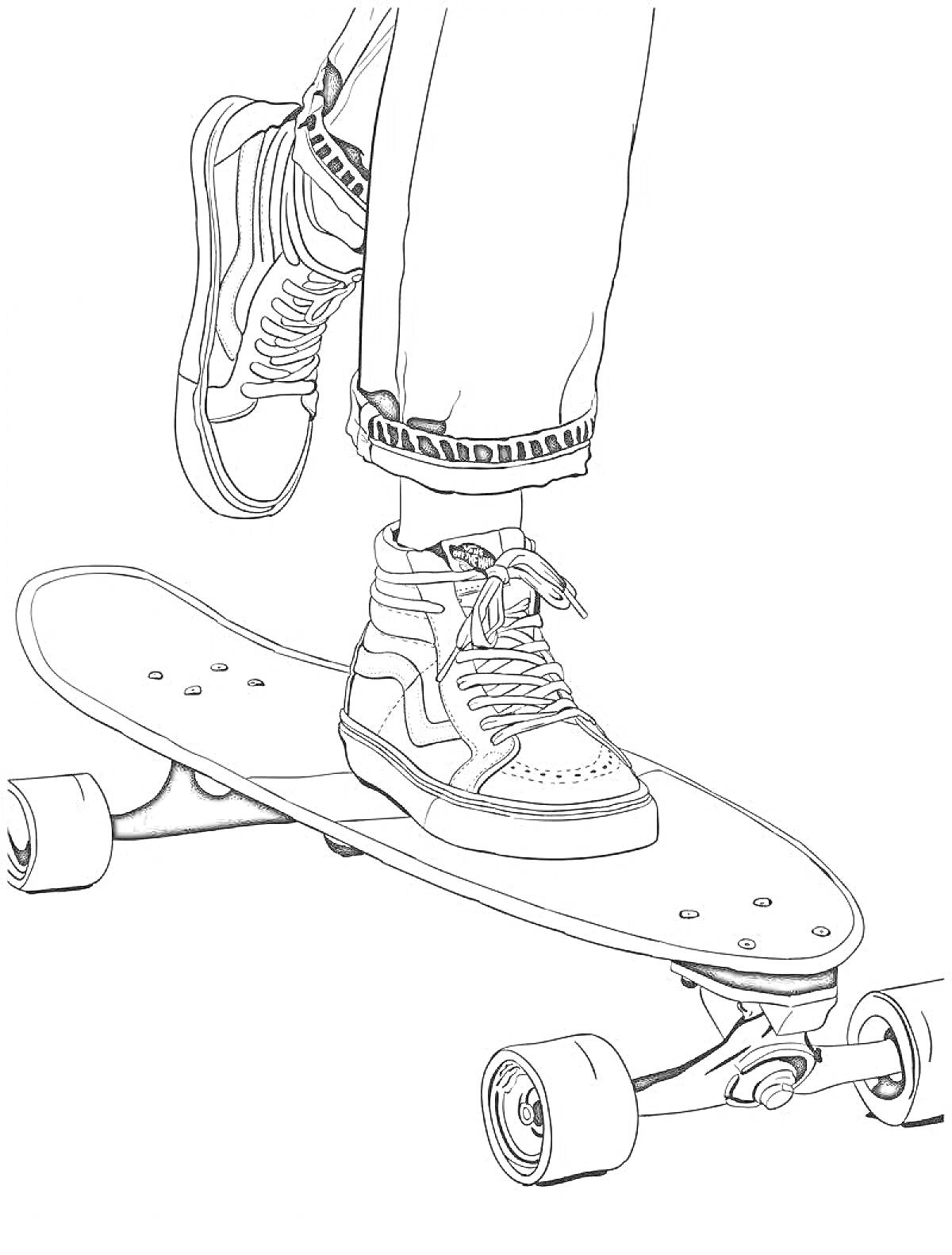 На раскраске изображено: Девочка, Скейтборд, Кеды, Штаны, Спортивная обувь