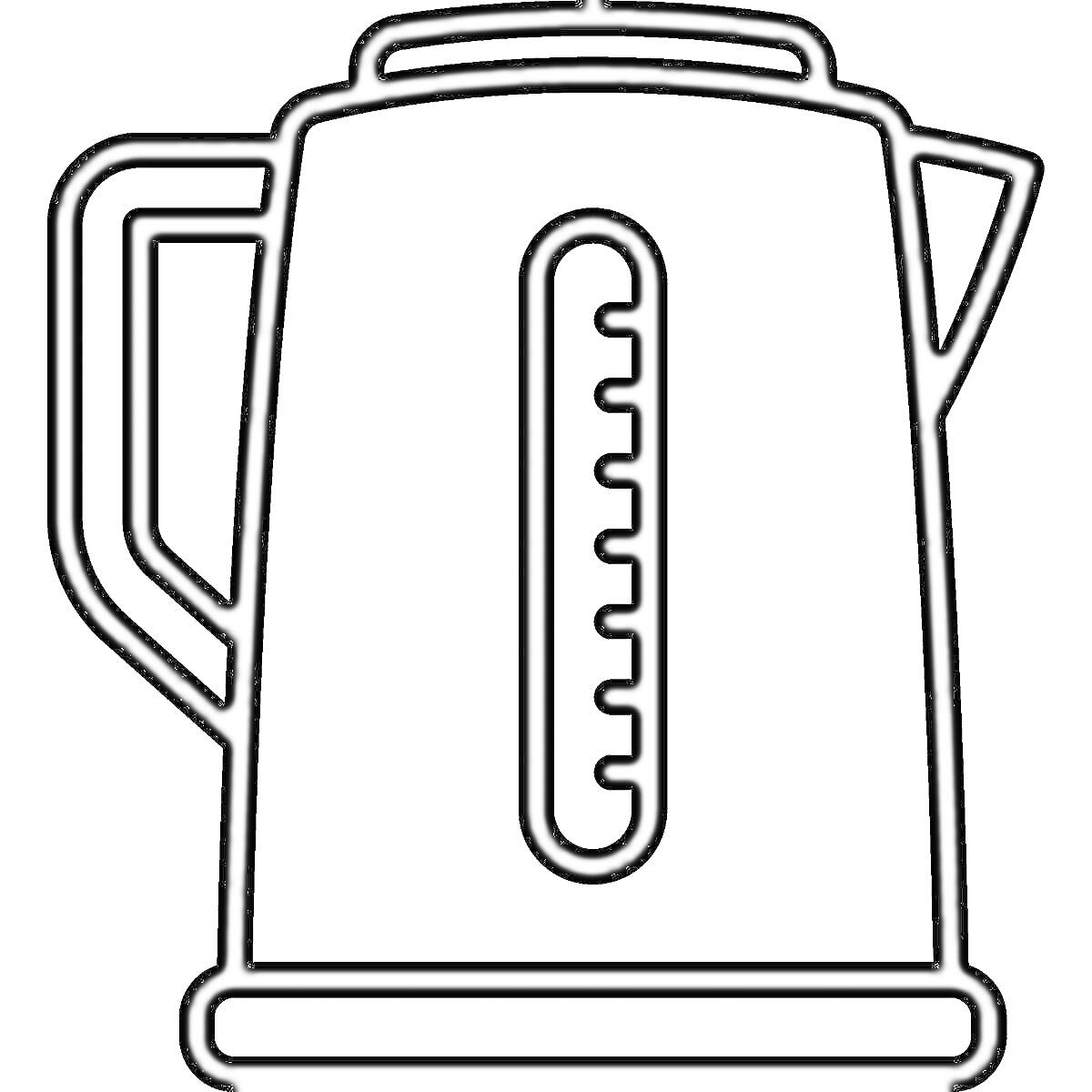 Раскраска Чёрно-белая раскраска с изображением электрического чайника с ручкой и шкалой уровня воды