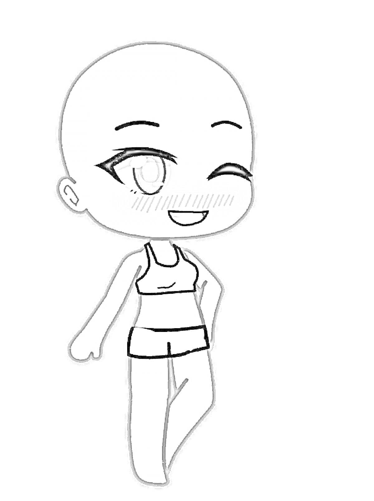 Раскраска Манекен из игры Тока Бока: улыбающийся персонаж в топе и шортах