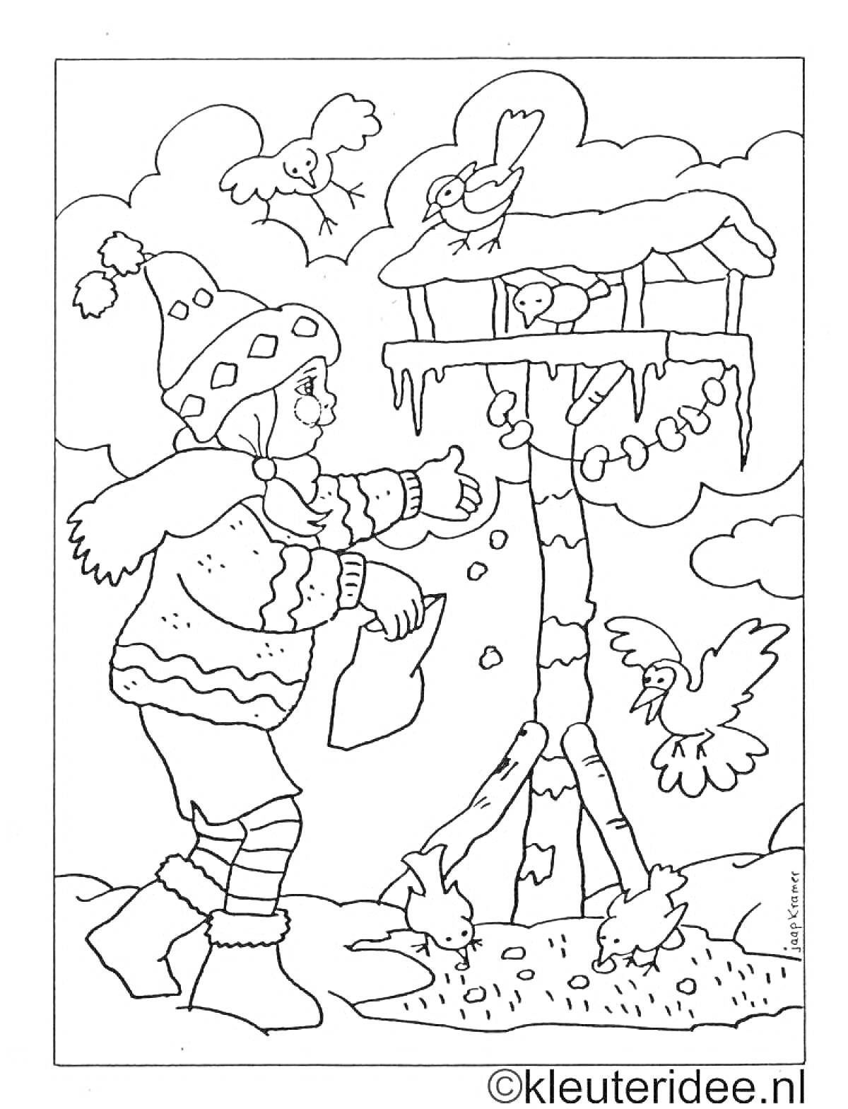Раскраска Девочка кормит птиц зимой около скворечника