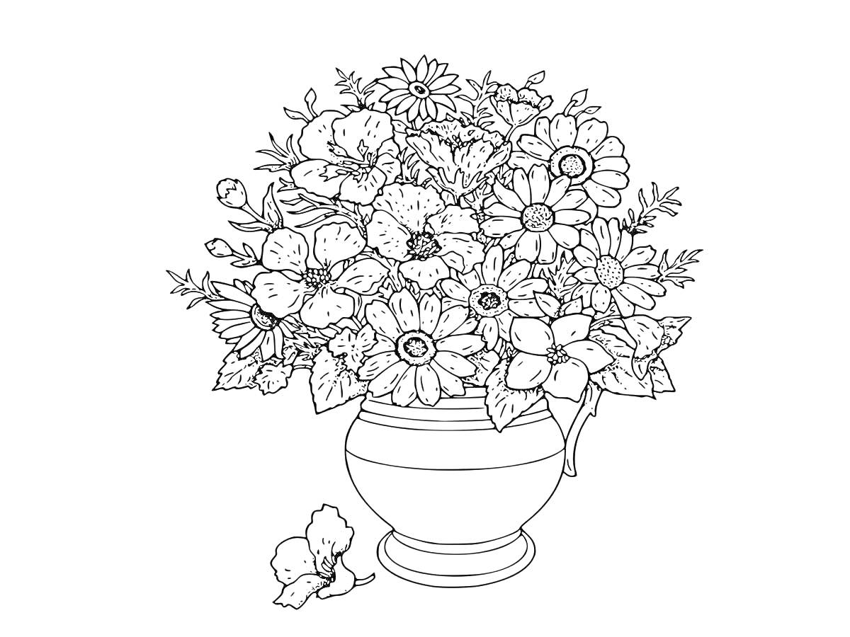 Раскраска Букет цветов в кувшине с двумя опавшими цветами
