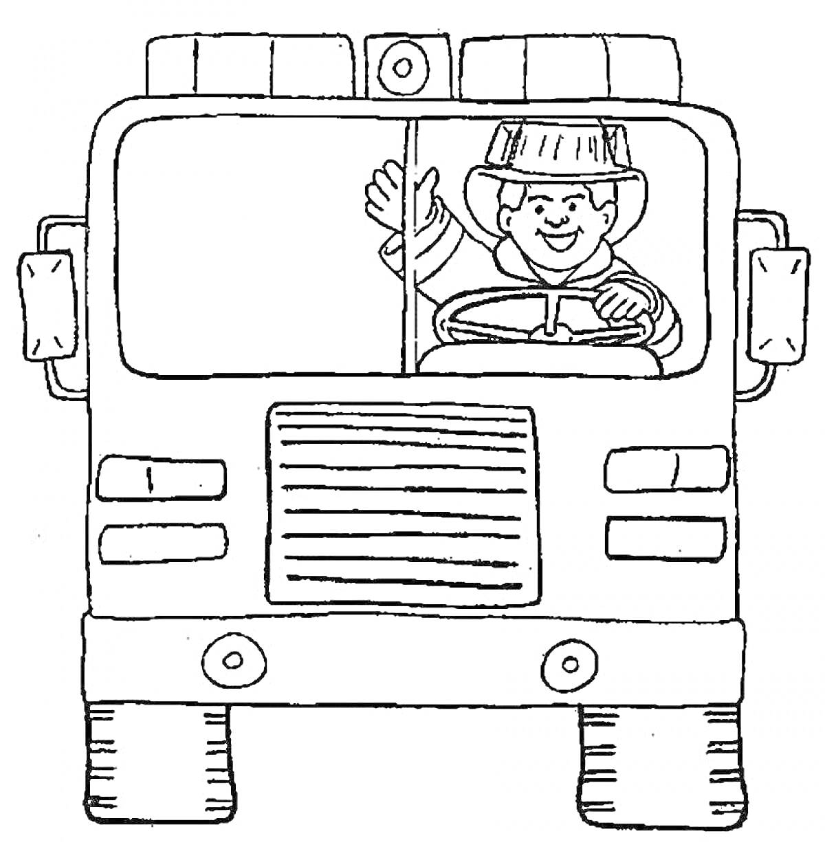 На раскраске изображено: Водитель, Пожарная машина, Транспорт, Безопасность, Для детей, Профессия, Пожарные