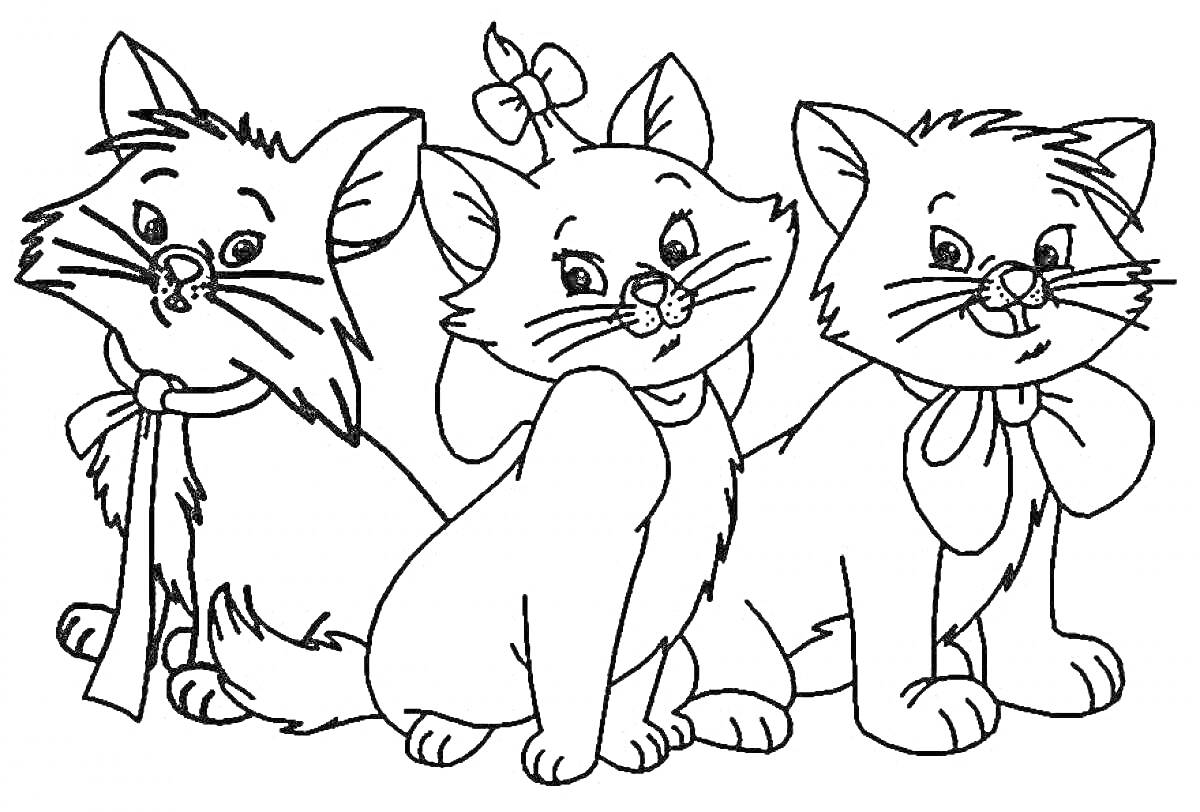 Раскраска Три котенка с бантами и бантиком на голове