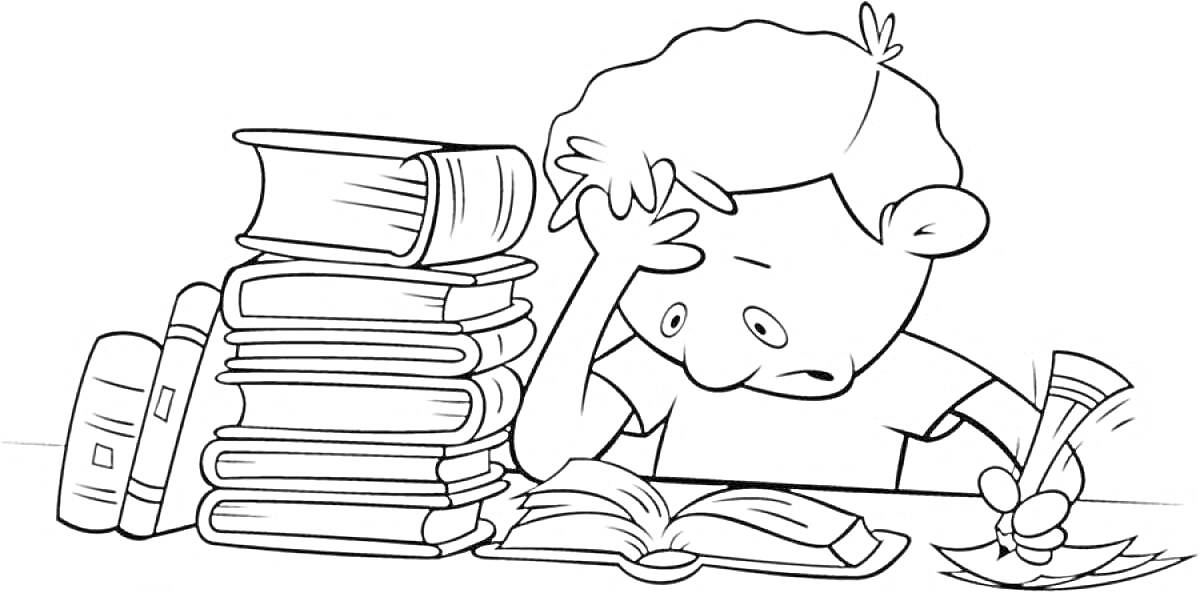 Раскраска Мальчик с книжками делает домашнее задание