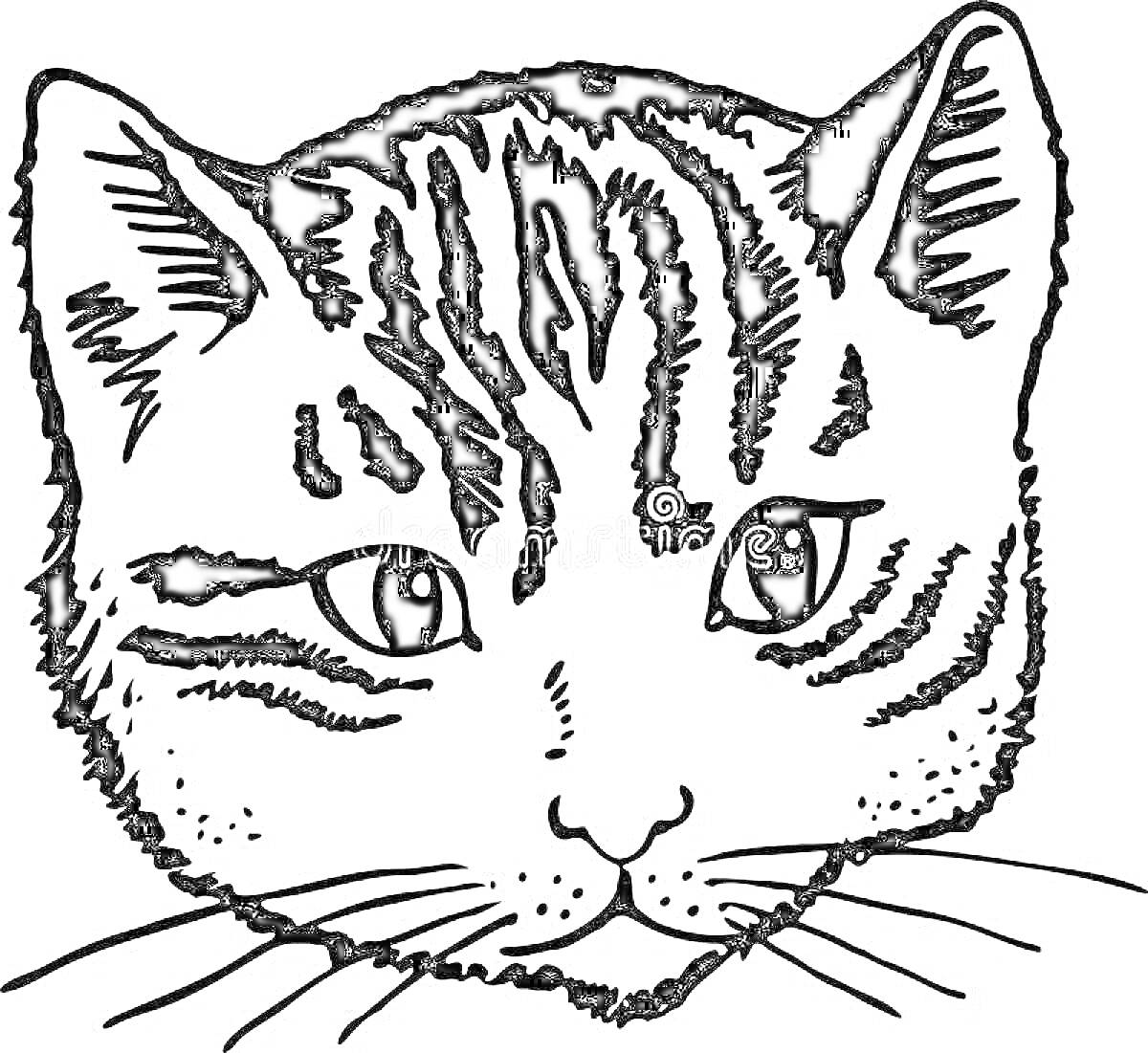 На раскраске изображено: Кот, Уши, Глаза, Нос, Усы, Животные