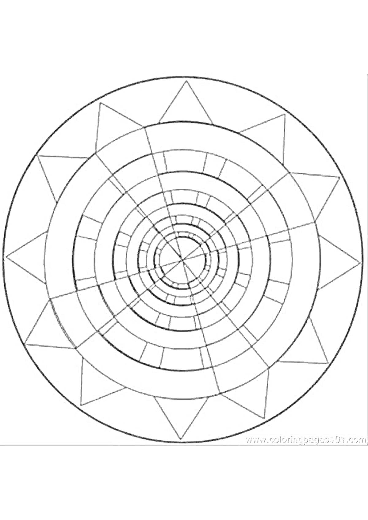 На раскраске изображено: Калейдоскоп, Узоры, Треугольники, Геометрический, Линии, Симметрия