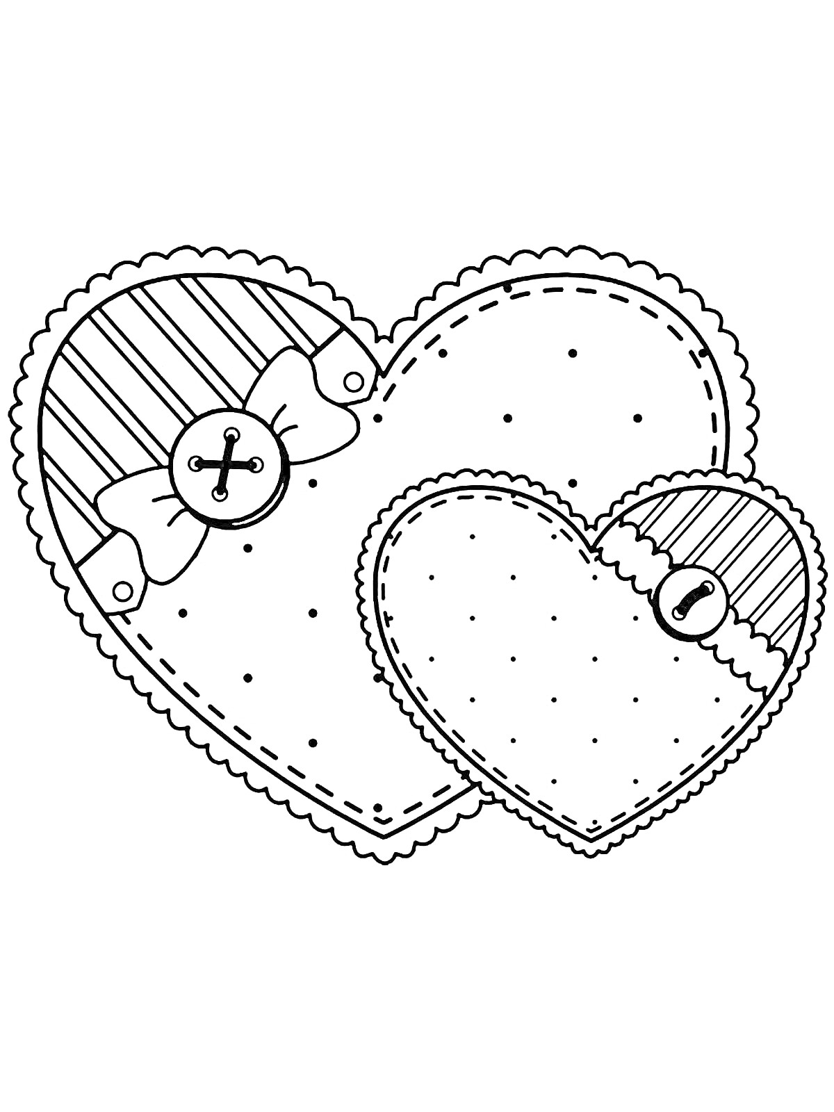 На раскраске изображено: Большое сердце, Пуговицы, Бант, Контурные рисунки, Сердца, Узоры