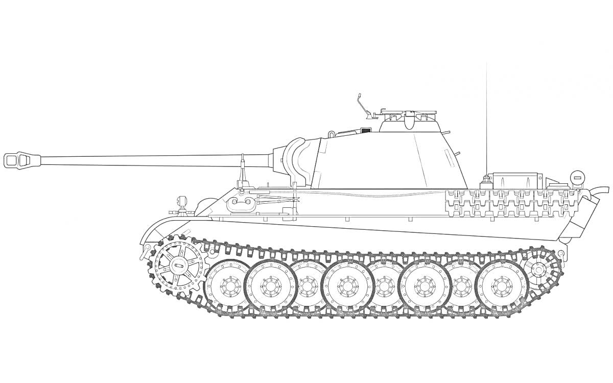 Раскраска Черно-белая раскраска танка Пантера с длинной пушкой, гусеницами и башней