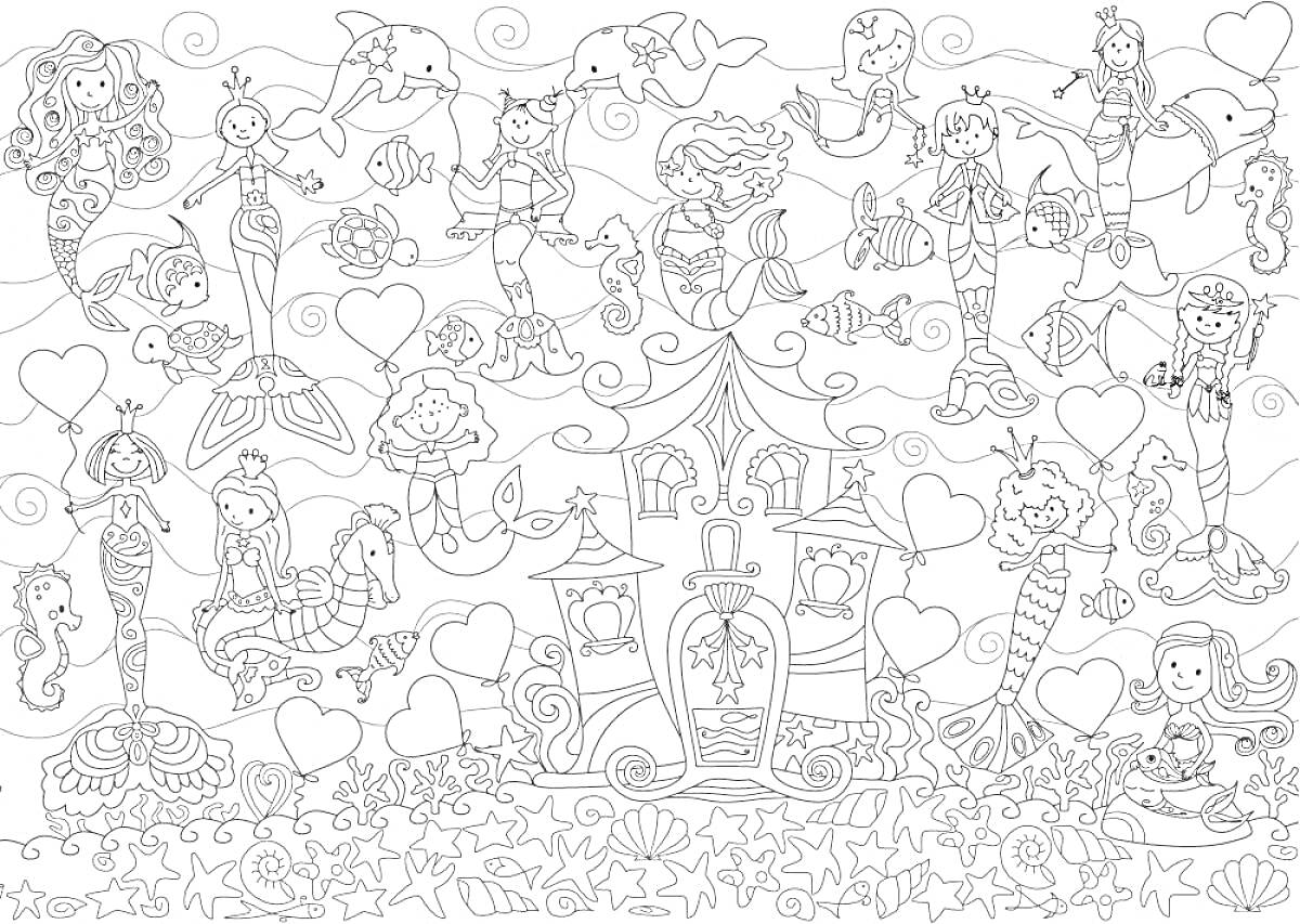 На раскраске изображено: Подводный мир, Замок, Растения, Морские звезды, Сказочные персонажи, Русалка, Рыба, Сердца, Морские животные