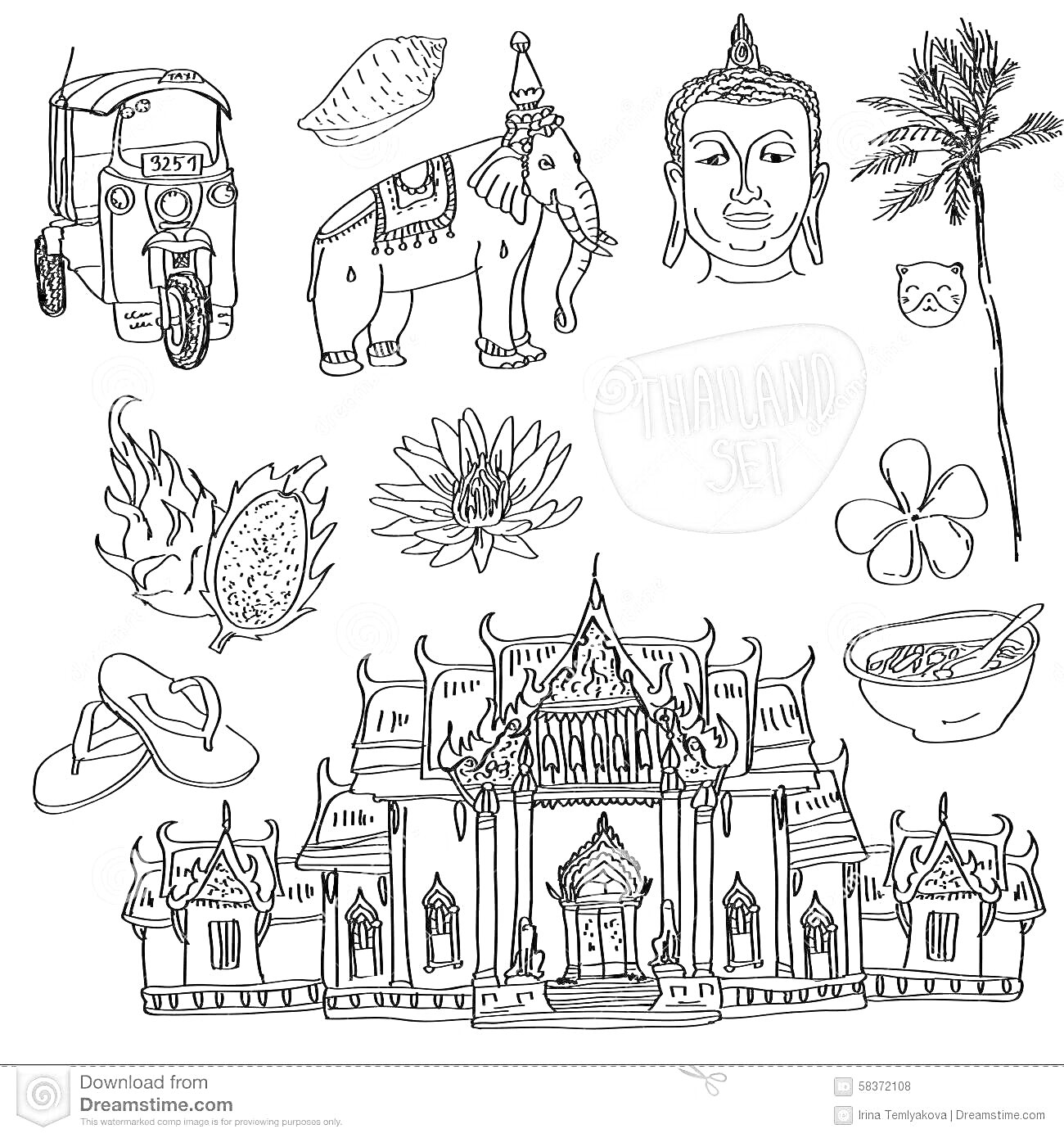 Раскраска Храм, тук-тук, ананас, слон с украшениями, голова Будды, пальма, фрукт дракона, цветок лотоса, кокос, орхидея, рисовая миска, шлепанцы