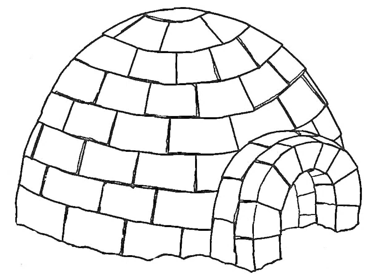 На раскраске изображено: Иглу, Дом, Снег, Север, Арктика, Строительные блоки, Зимний дом, Арочный вход