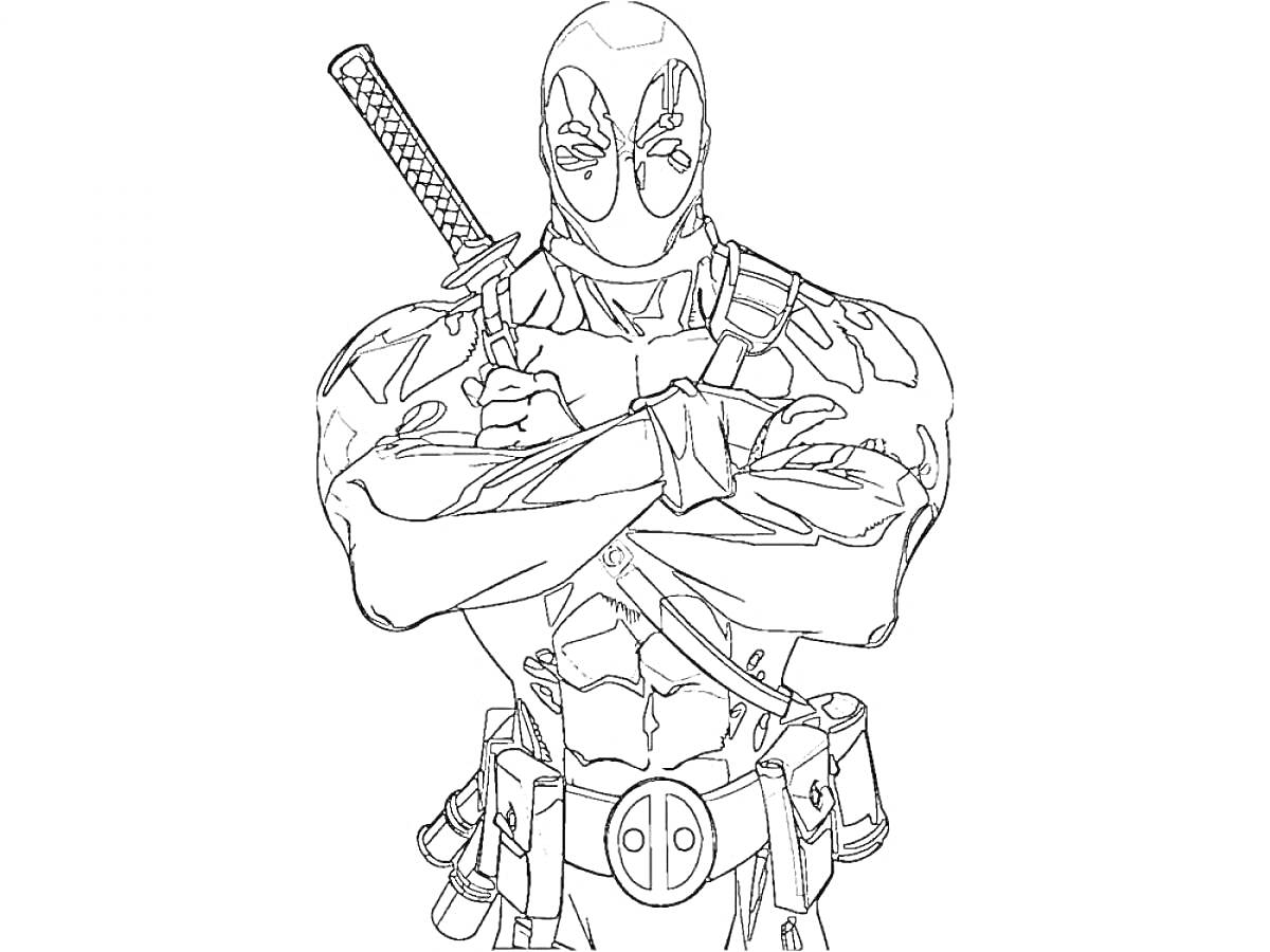 Раскраска Супергерой с катаной и оружием