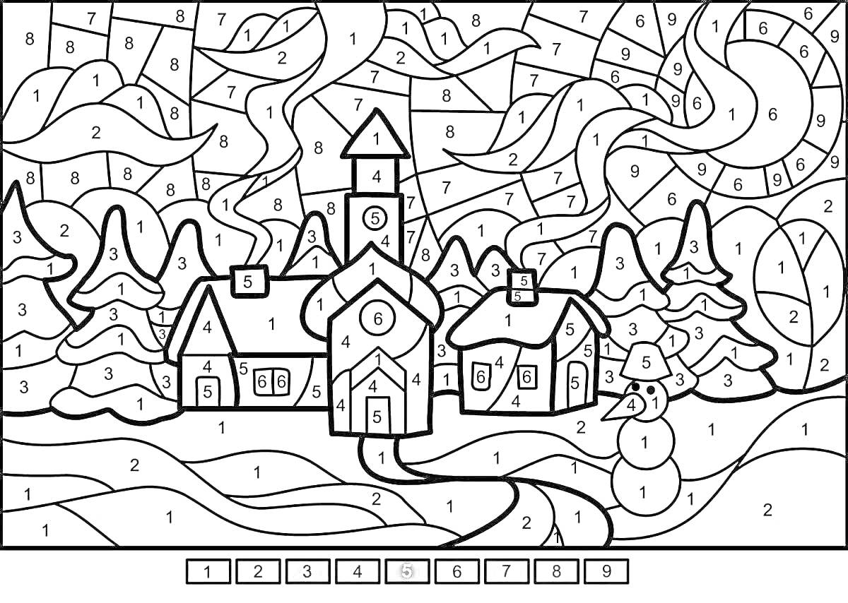 Раскраска Зимний пейзаж с домами, деревьями и церковью