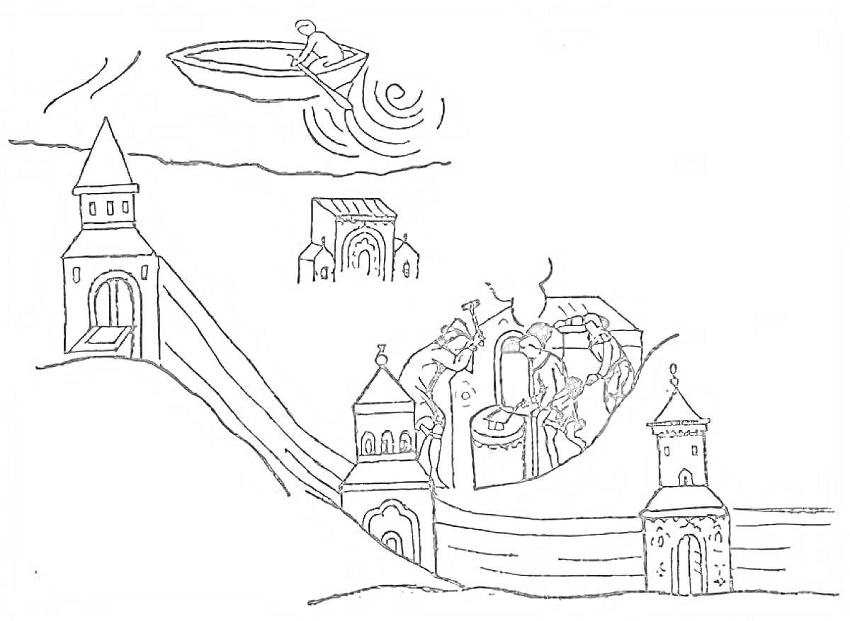 Раскраска Кремль Великий Новгород с башнями, церковью, ремесленниками и лодкой на реке