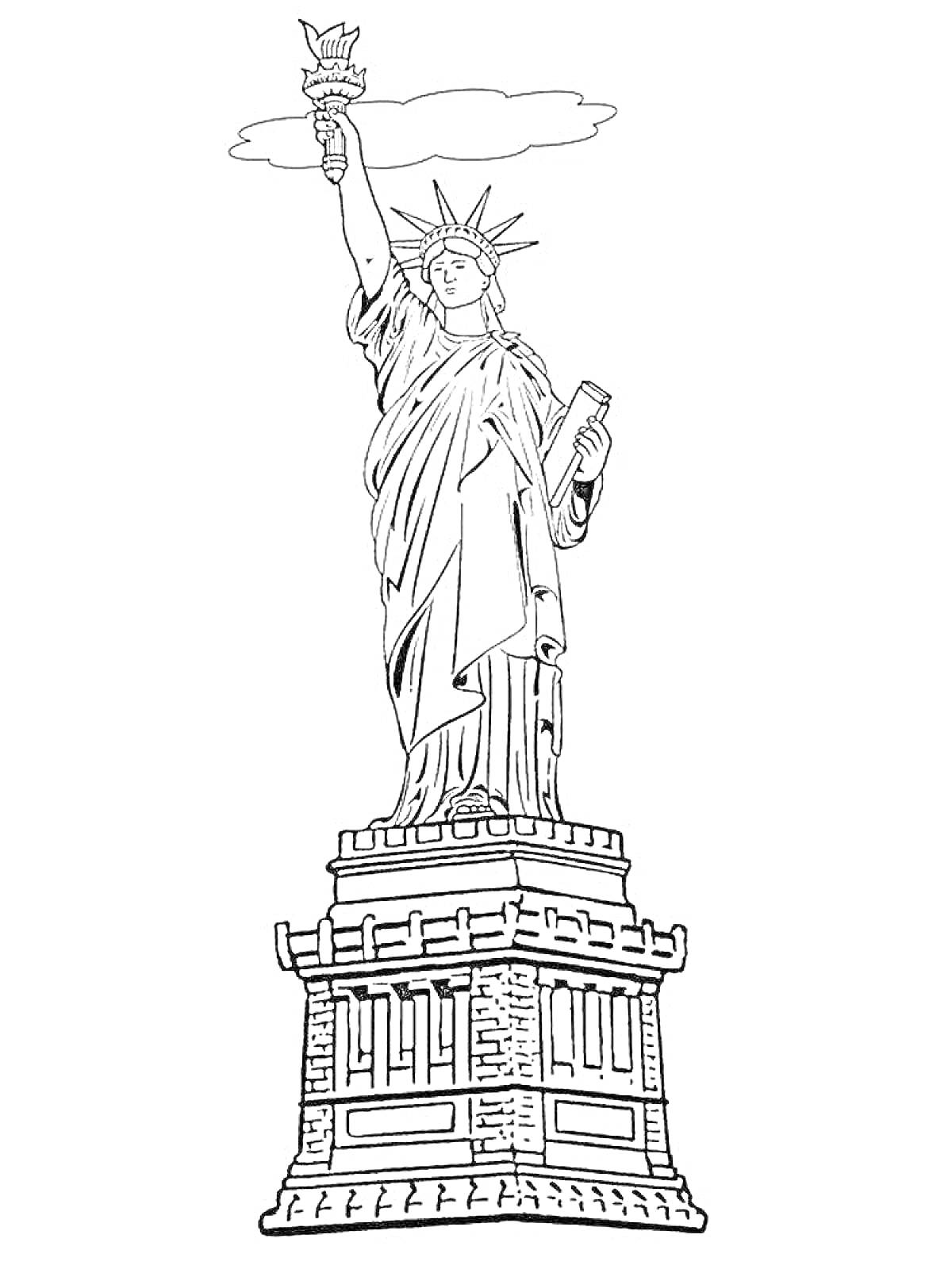 На раскраске изображено: Статуя Свободы, Факел, Табличка, Пьедестал, Облака