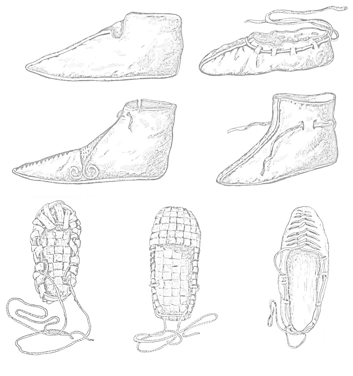 Раскраска Обувь разных типов, включая кожаные ботинки с ремешками, туфли и плетёные лапти
