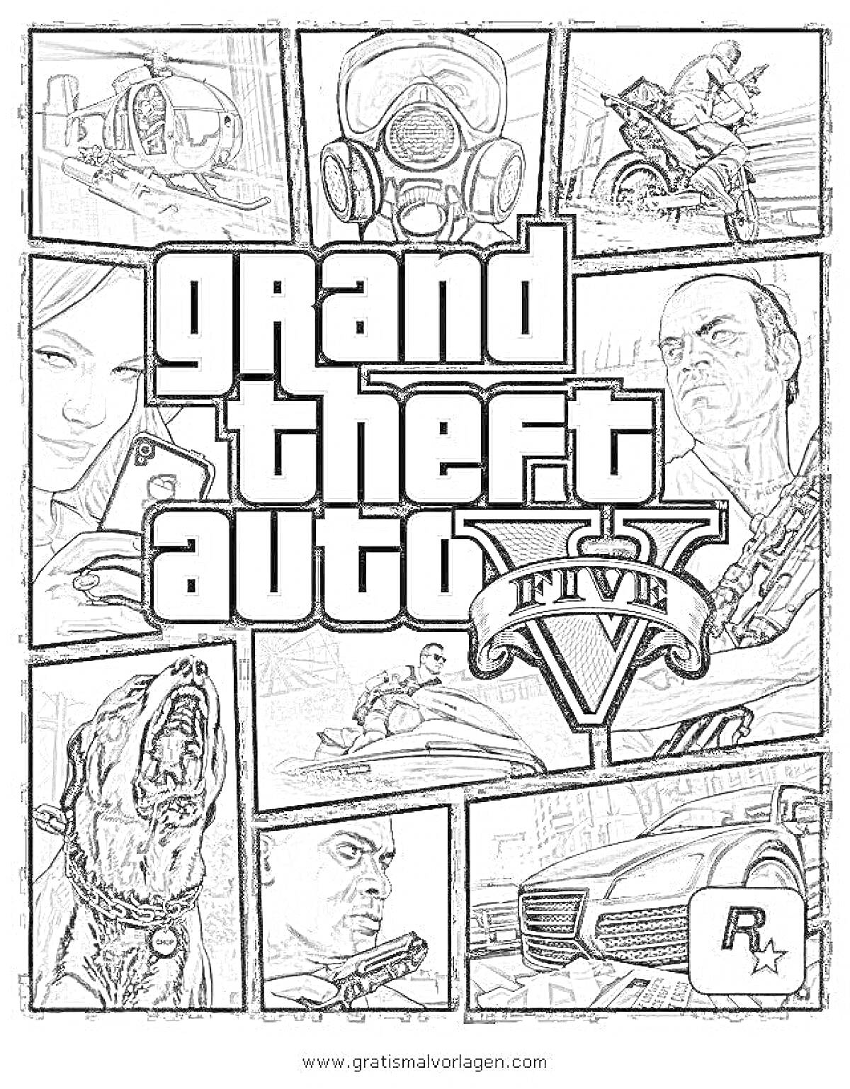 Раскраска Обложка GTA V с изображением персонажей, вертолета, собаки, автомобиля, водного транспорта, газовой маски и логотипа Rockstar Games