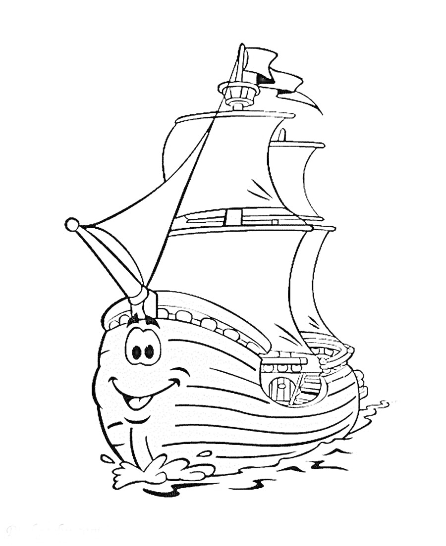 Раскраска Парусный корабль с улыбкой, с открытыми парусами и флагами