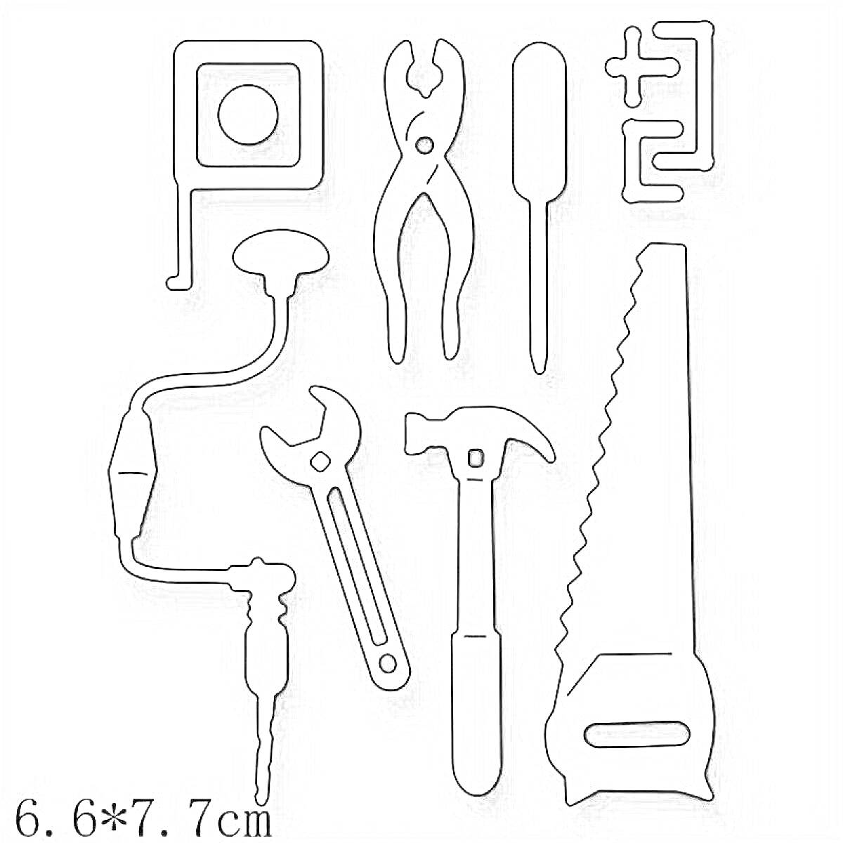 На раскраске изображено: Набор инструментов, Линейка, Плоскогубцы, Отвертка, Гаечный ключ, Молоток, Пила