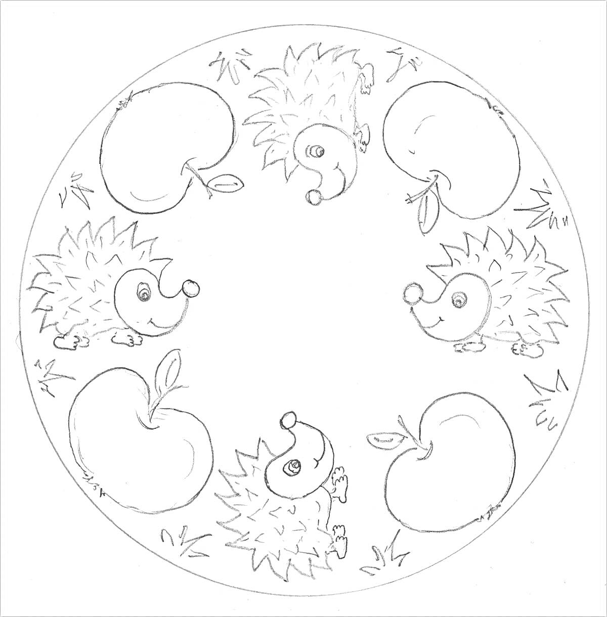 Раскраска Тарелка с ёжиками и яблоками