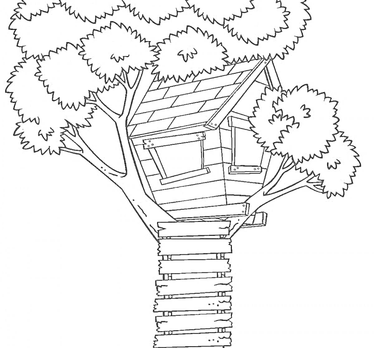 На раскраске изображено: Дом на дереве, Дом, Лестница, Природа, Крыша