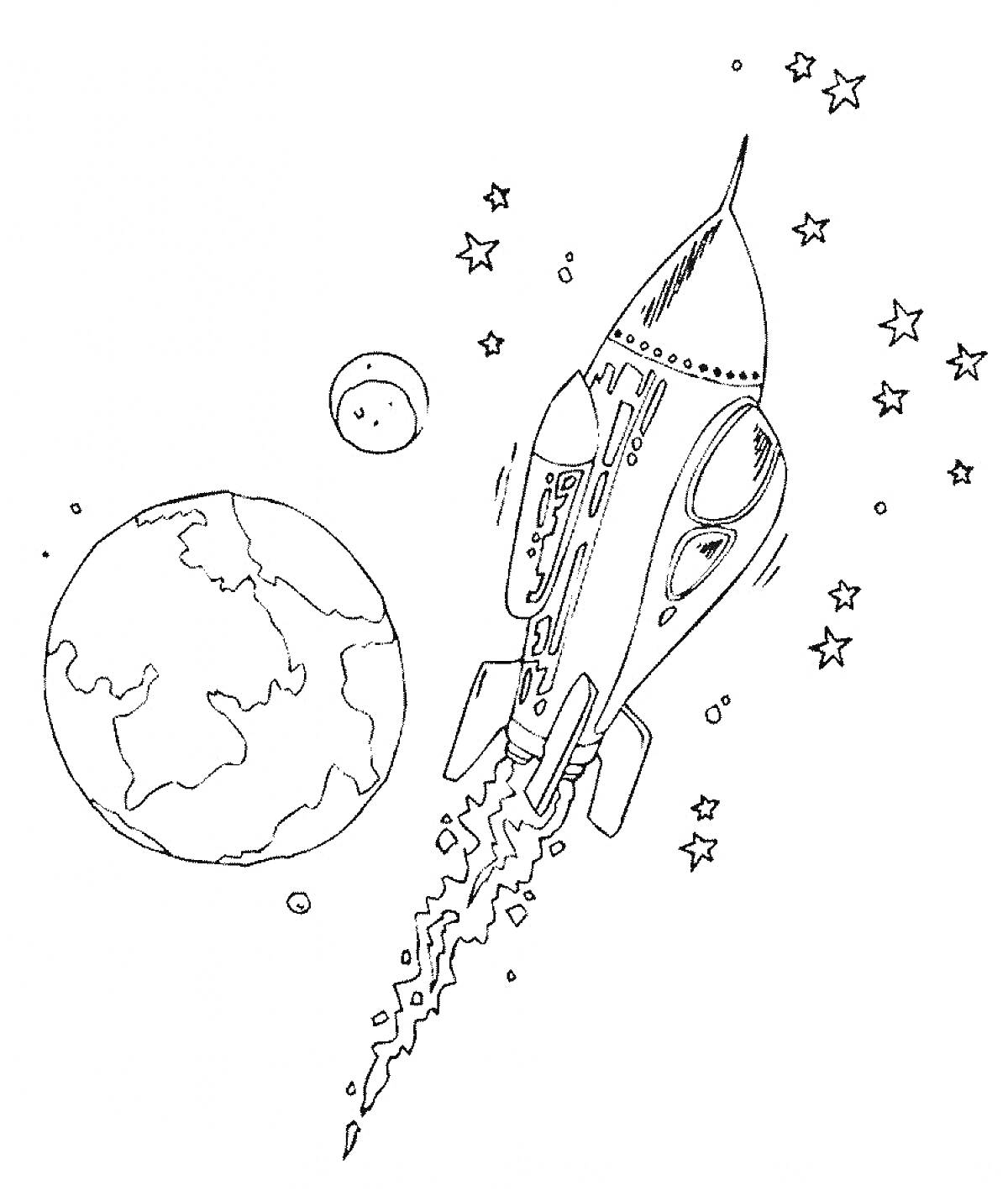 На раскраске изображено: Космос, Ракета, Луна, Звезды, Пространство, Полет, Планеты
