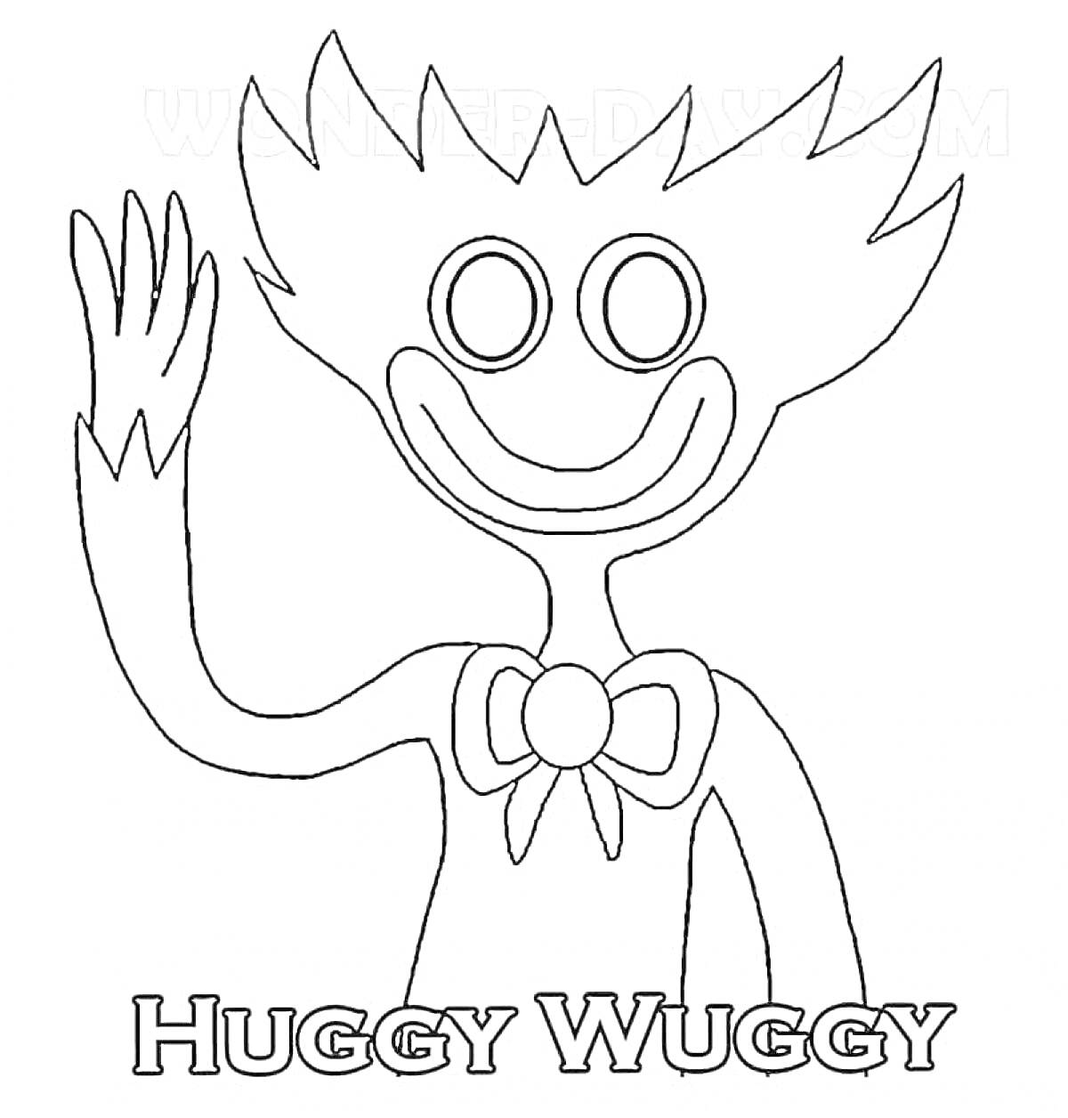 На раскраске изображено: Huggy Wuggy, Персонаж, Длинные руки, Большие глаза, Бант, Улыбка, Клыки, Контурные рисунки
