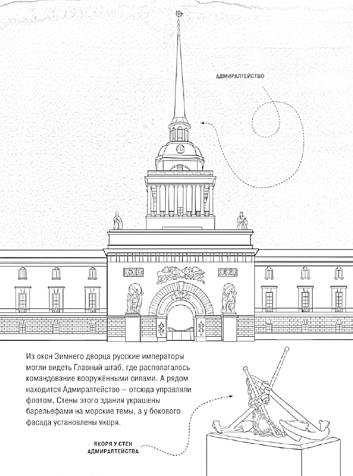 На раскраске изображено: Адмиралтейство, Санкт-Петербург, Архитектура, Здание, История, Шпиль, Колонны, Фигуры