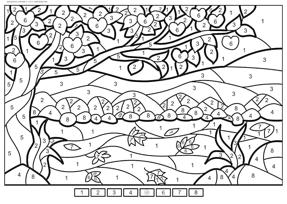 На раскраске изображено: Природа, Цветы, Река, Листва, Для детей, Антистресс, Деревья