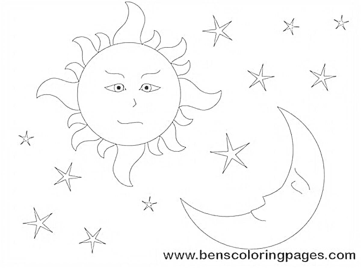 На раскраске изображено: Солнце, Месяц, Звезды, Ночь, День, Космос