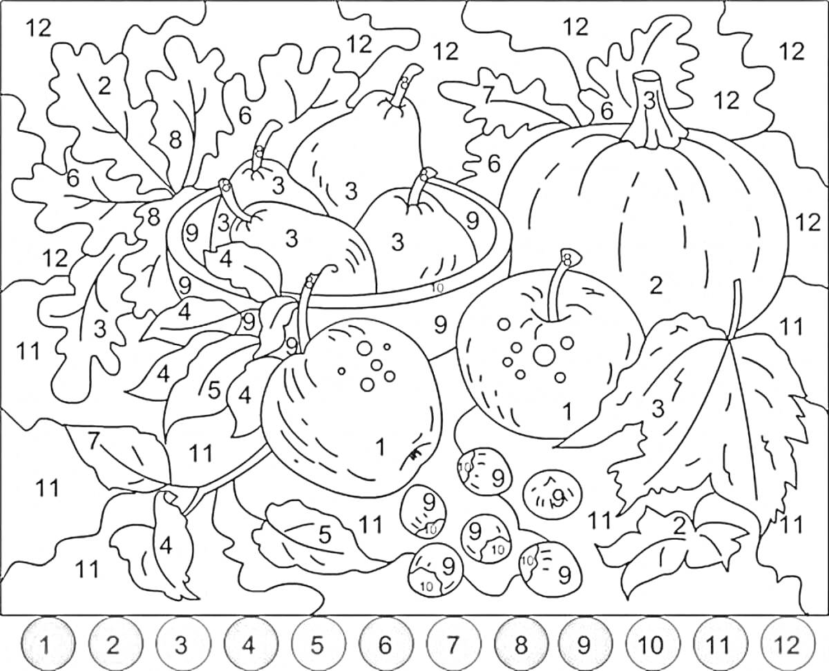 На раскраске изображено: Тыква, Груши, Ягоды, Листья, По номерам, Природа, Осень, Натуральные продукты