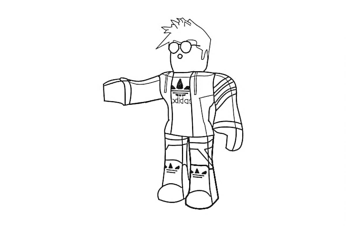 Раскраска Персонаж Роблокс в очках с поднятой рукой, в спортивной одежде с логотипами