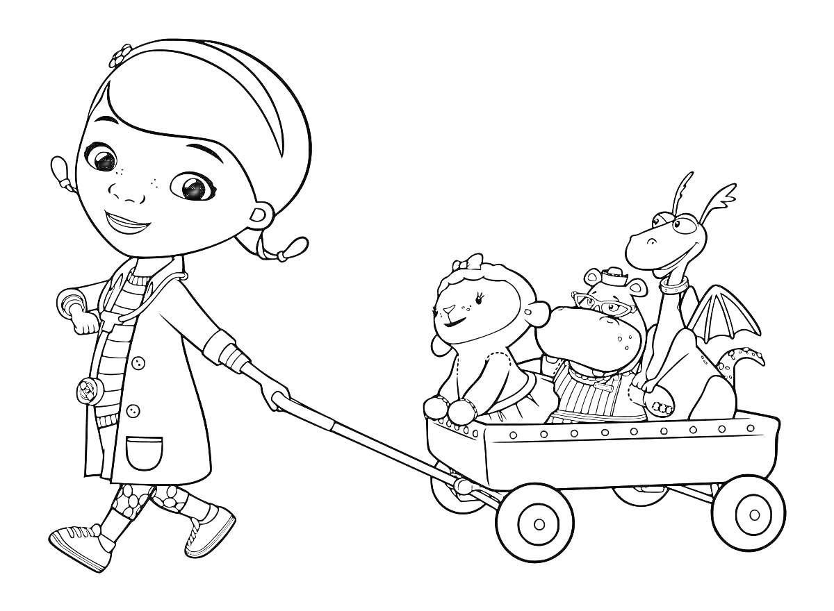 Раскраска Девочка с хвостиками в медицинском халате тянет тележку с игрушечными животными: овечка, дракон, бегемотик