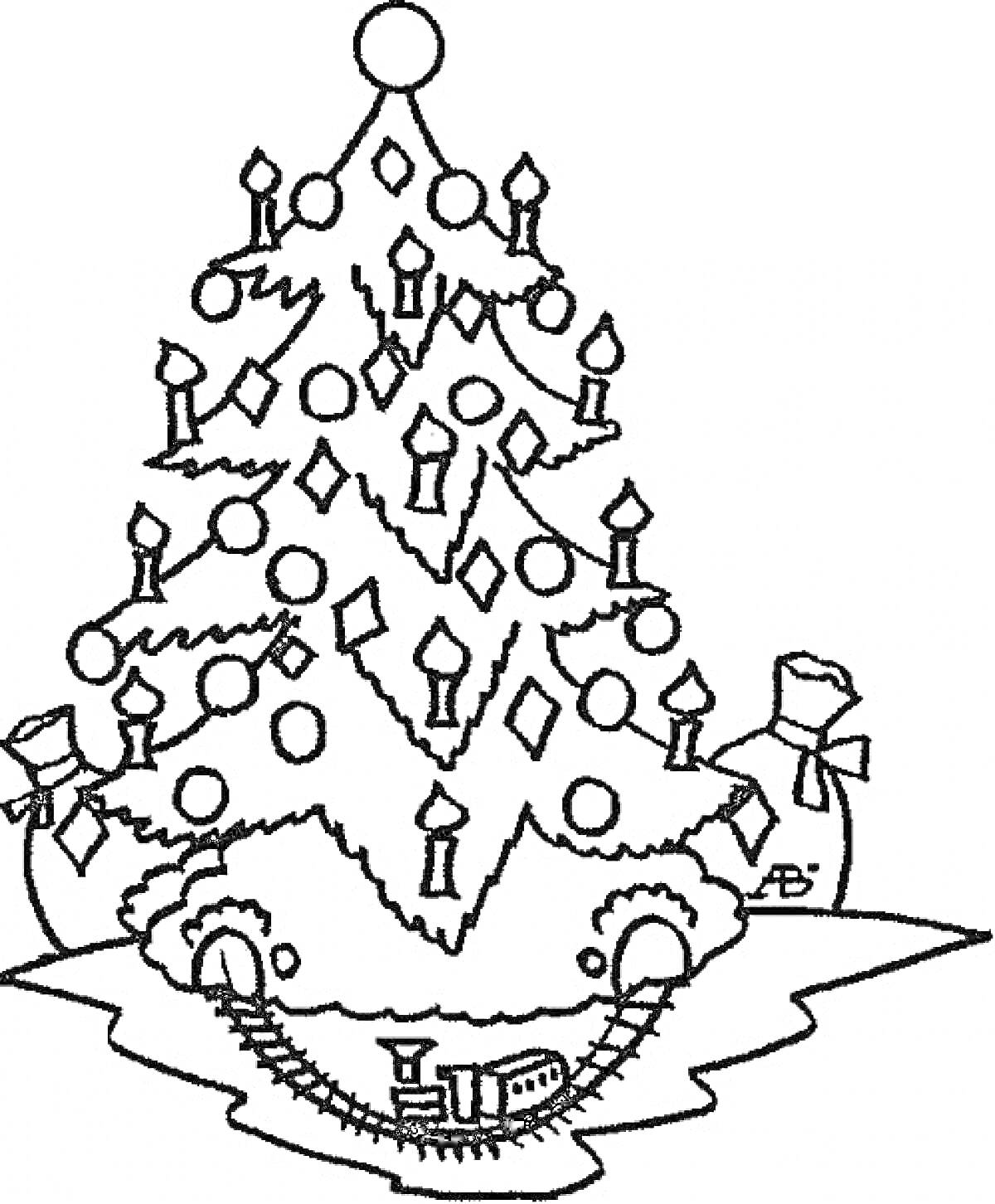 Раскраска Новогодняя елка, украшенная шарами, подарками и свечами, с железной дорогой и игрушечным поездом у основания