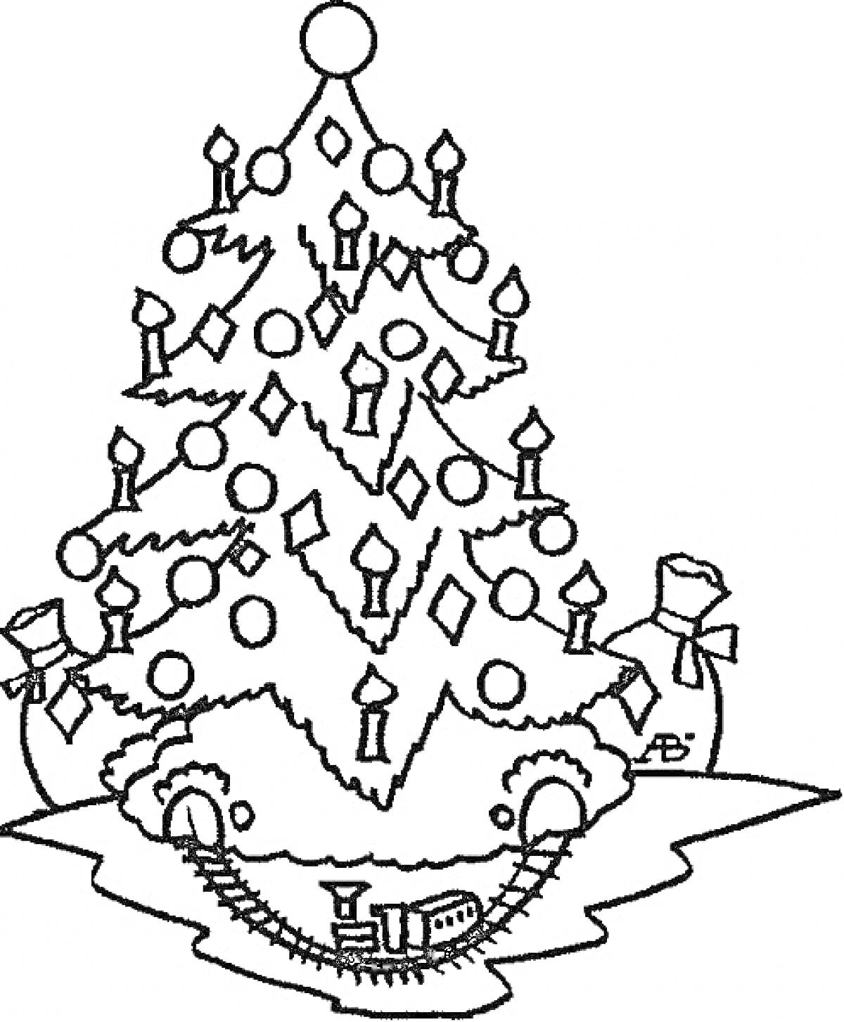 На раскраске изображено: Новогодняя ёлка, Украшения, Шары, Свечи, Поезд, Железная дорога, Подарки, Новый год, Рождество, Елочные украшения, Елки, Праздники
