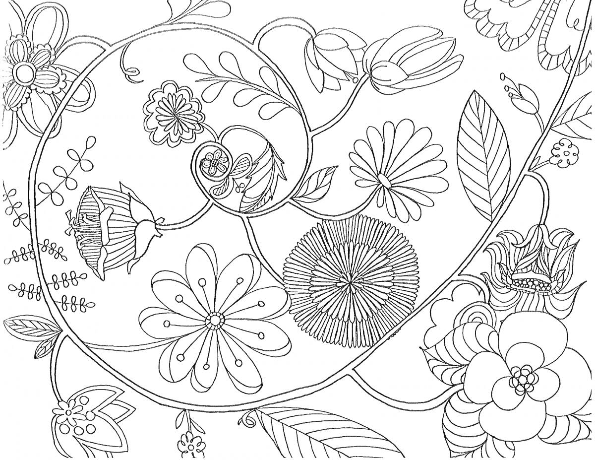 Раскраска Спиральная раскраска цветов с листьями и завитками