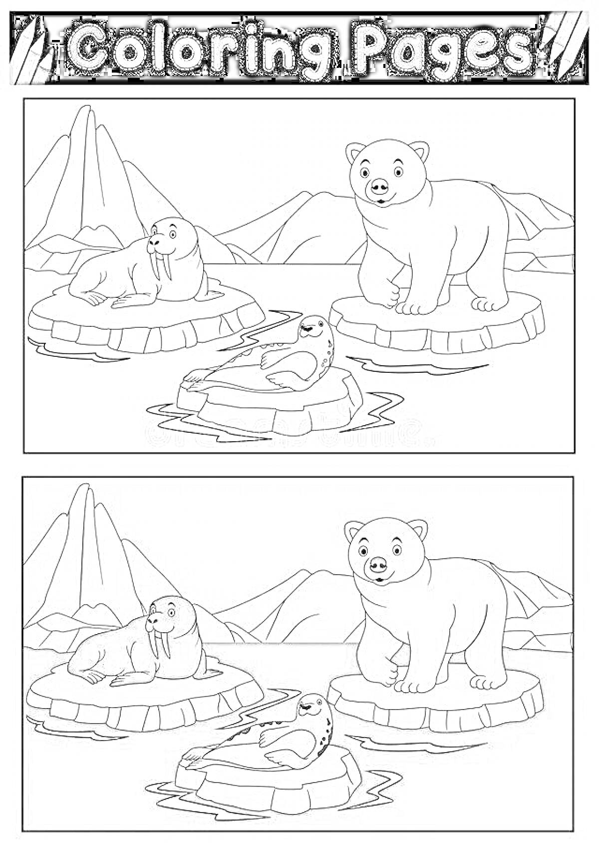 На раскраске изображено: Белый медведь, Морж, Льдина, Арктика, Горы, Вода, Для детей, Животные