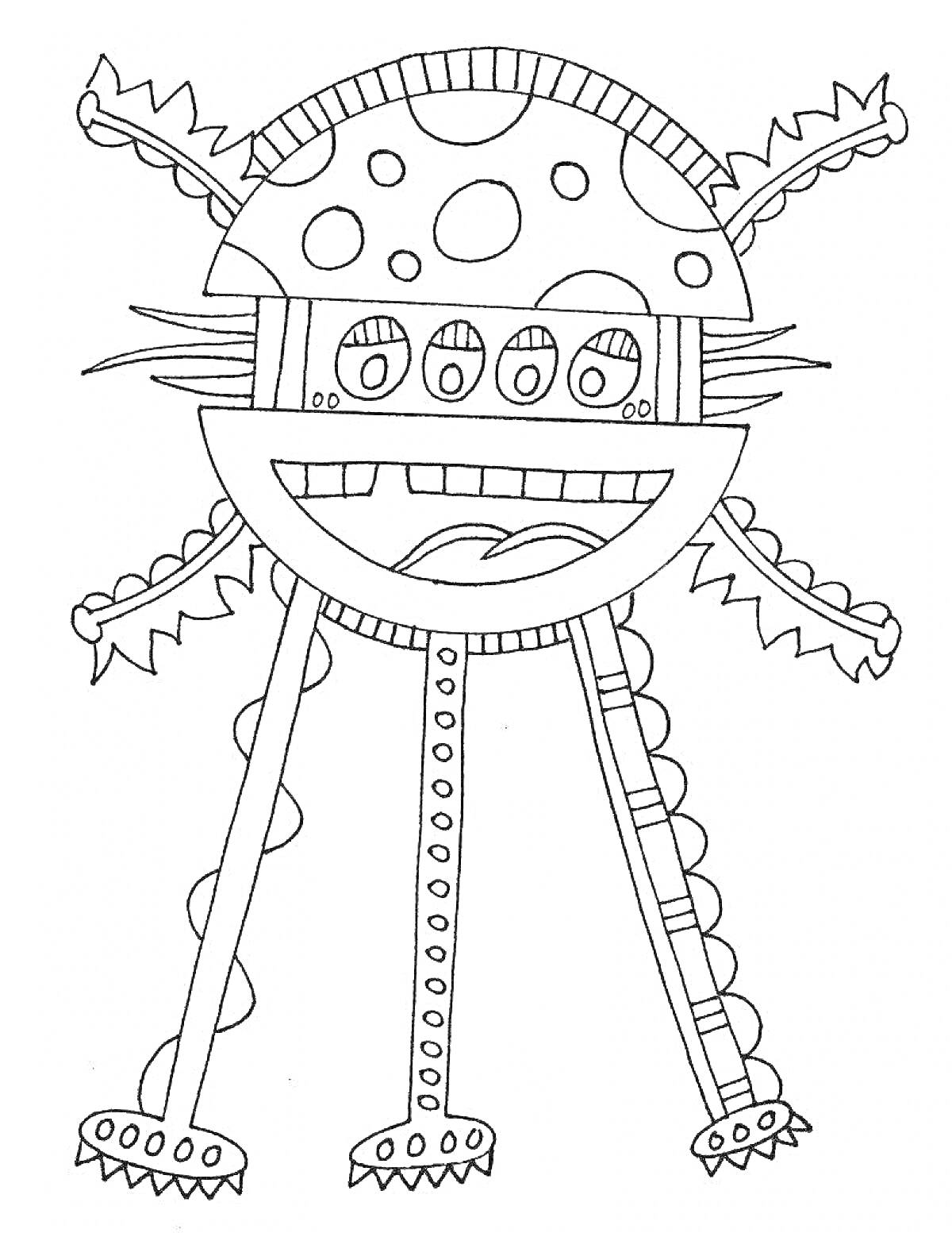 Раскраска Существо с шарообразной головой, пятнами, четырьмя глазами, зубастым ртом и шестью конечностями с когтями
