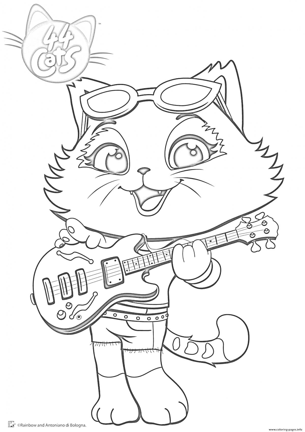 Раскраска Котенок с гитарой и в очках из мультфильма 