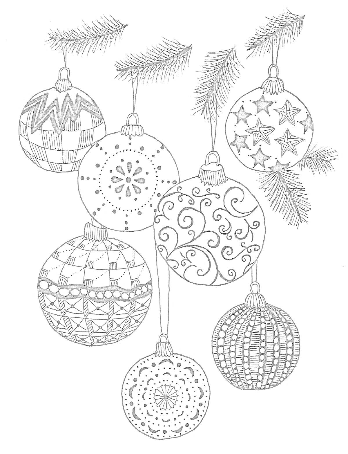 На раскраске изображено: Новогодние шары, Елочные украшения, Ёлочные игрушки, Новогодняя елка, Ветки ели, Зимние праздники
