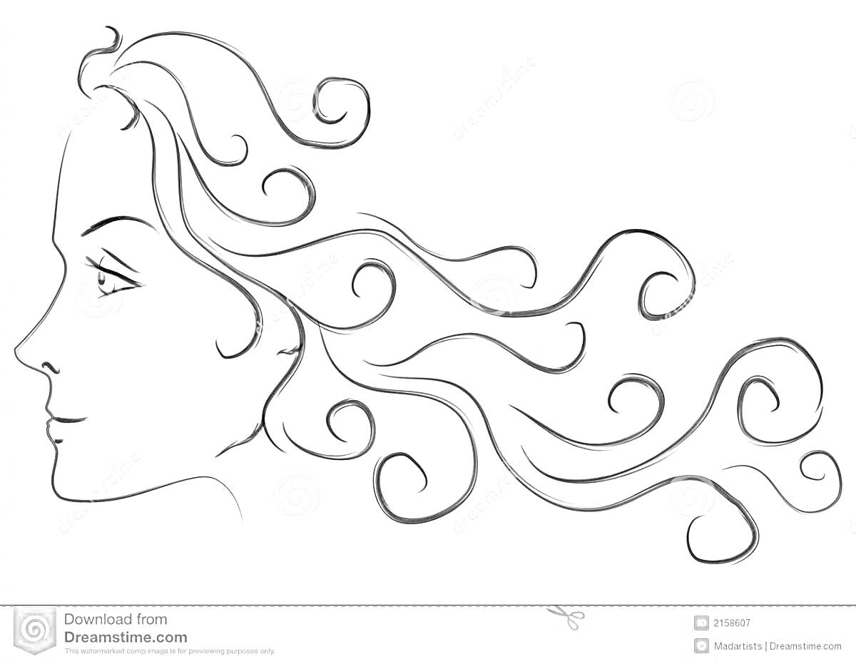 Раскраска Лицо человека в профиль с развевающимися завитками волос
