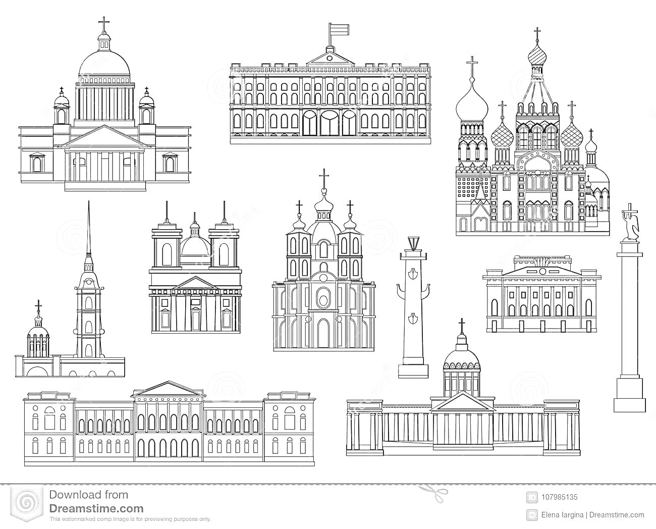 На раскраске изображено: Санкт-Петербург, Исторические здания, Памятники, Архитектура, Купола, Колонны, Соборы