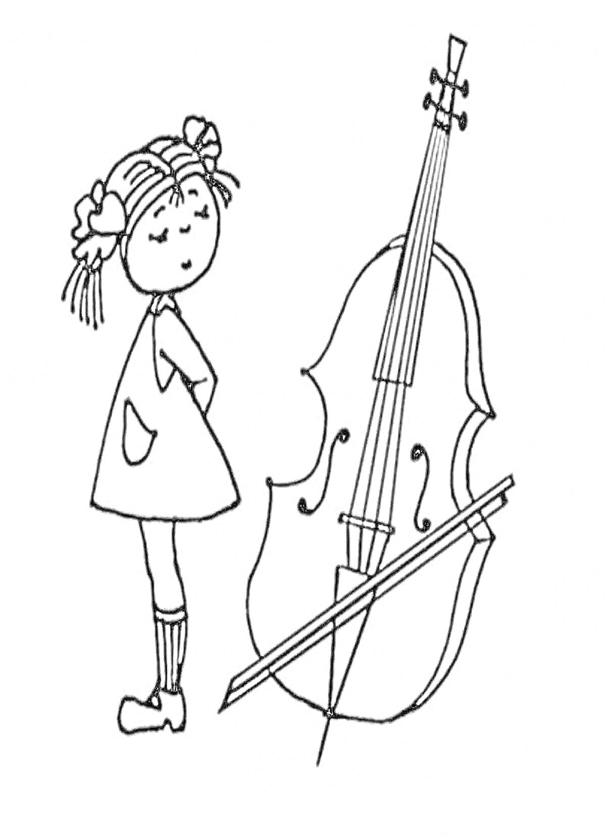 Раскраска Девочка с косичками и виолончель